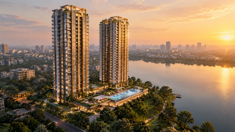 Twin towers beside the lake at golden hour (render)
